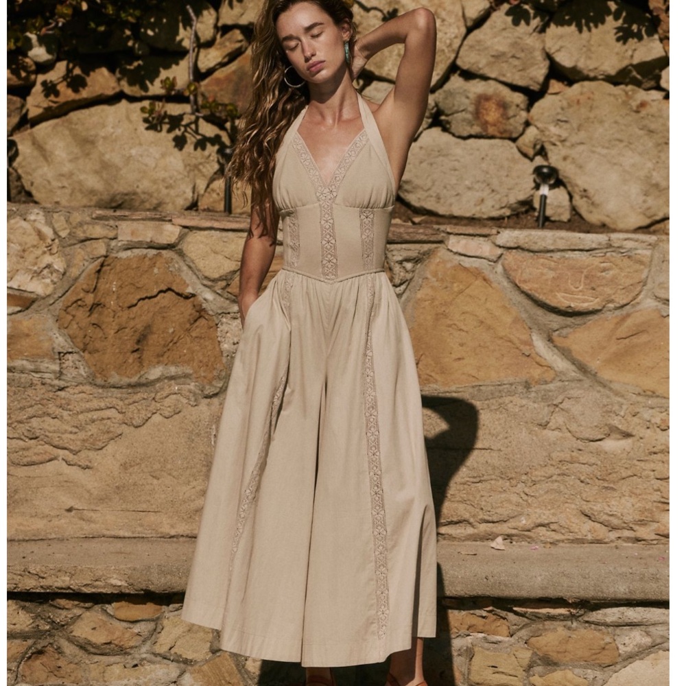 Free People Cotton Lace Corset Wide-Leg One-Piece Jumpsuit NWT 🔖